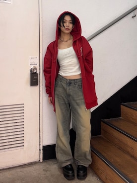 「EVRIS（エヴリス）のera bloom グラフィックジップパーカー（パーカー）」を使った、越後 穂乃香さん（レディース・150cm・20代）の夏コーディネート