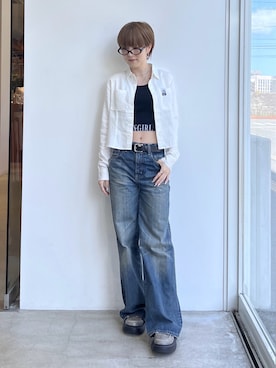 「X-girl（エックスガール）のMILLS LOGO OVAL SUNGLASSES（サングラス、その他）」を使った、Emiruさん（レディース・165cm）の春コーディネート