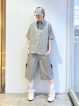 「X-girl（エックスガール）のFADED FACE LABEL EASY SHORTS（その他パンツ、ベージュ系）」を使った、Emiruさん（レディース・165cm）の春コーディネート