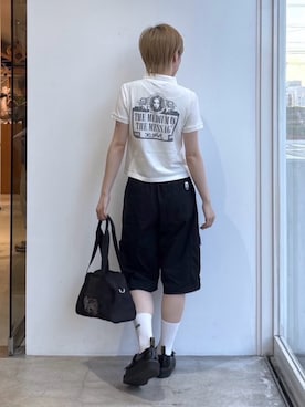 「X-girl（エックスガール）のFADED FACE LABEL EASY SHORTS（Pants、ブラック系）」を使った、Emiruさん（レディース・165cm）の夏コーディネート