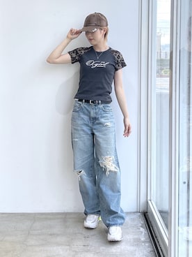 「X-girl（エックスガール）のWIDE LEG DENIM PANTS（Denim pants、ブルー系）」を使った、Emiruさん（レディース・165cm）の夏コーディネート
