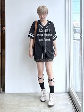 「X-girl（エックスガール）のMULTI POCKET MINI SKIRT（スカート、その他）」を使った、Emiruさん（レディース・165cm）の夏コーディネート