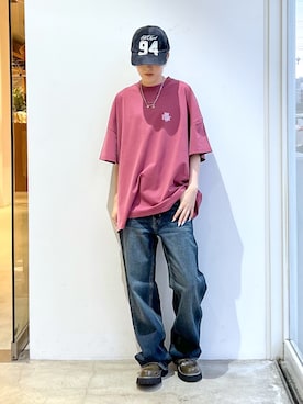 「X-girl（エックスガール）のFACE PATCH LOOSE FIT STRAIGHT PANTS（デニムパンツ、ブルー系）」を使った、Emiruさん（レディース・165cm）の春コーディネート