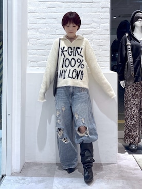 「X-girl（エックスガール）のLOGO JACQUARD SHAGGY SKIPPER KNIT TOP（ニット/セーター、ホワイト系）」を使った、Emiruさん（レディース・165cm）の秋コーディネート