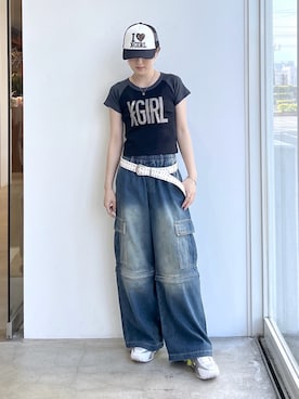 「X-girl（エックスガール）のI LOVE X-GIRL TRUCKER CAP（キャップ、ブラック系）」を使った、Emiruさん（レディース・165cm）の春コーディネート