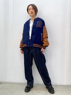 「XLARGE（エクストララージ）のアイテム（スタジャン）」を使った、小島えみるさん（レディース・165cm）の秋コーディネート