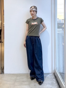 「X-girl（エックスガール）のFACE LABEL POCKET EASY PANTS（その他パンツ、ブルー系）」を使った、Emiruさん（レディース・165cm）の夏コーディネート