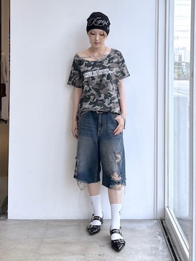 「X-girl（エックスガール）のHEAVY BLOCK LOGO RIBBED SOCKS（ソックス/靴下、ホワイト系）」を使った、Emiruさん（レディース・165cm）の夏コーディネート