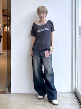 「X-girl（エックスガール）のEMBLEM POCKET ASYMMETRIC WAIST DENIM PANTS（デニムパンツ、ブルー系）」を使った、Emiruさん（レディース・165cm）の夏コーディネート
