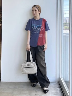 「X-girl（エックスガール）のMETAL LOGO PLATE FAUX LEATHER HANDBAG（Handbag、ホワイト系）」を使った、Emiruさん（レディース・165cm）の夏コーディネート