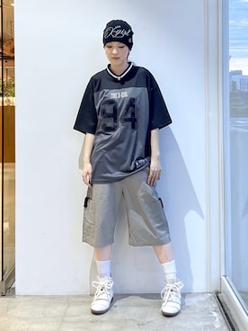 「X-girl（エックスガール）のFADED FACE LABEL EASY SHORTS（その他パンツ、ベージュ系）」を使った、Emiruさん（レディース・165cm）の春コーディネート