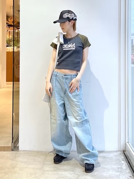 「X-girl（エックスガール）のTUCK WIDE LEG DENIM PANTS（デニムパンツ、ブルー系）」を使った、Emiruさん（レディース・165cm）の春コーディネート