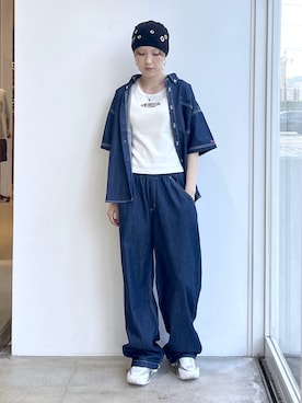 「X-girl（エックスガール）のFACE LABEL POCKET EASY PANTS（Pants、ブルー系）」を使った、Emiruさん（レディース・165cm）の夏コーディネート