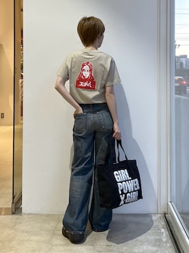 「X-girl（エックスガール）のFLARED DENIM PANTS（デニムパンツ、ブルー系）」を使った、Emiruさん（レディース・165cm）の春コーディネート