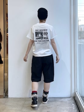 「X-girl（エックスガール）のFADED FACE LABEL EASY SHORTS（その他パンツ、ブラック系）」を使った、Emiruさん（レディース・165cm）の春コーディネート