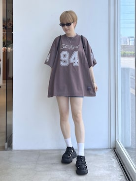 「X-girl（エックスガール）のDENIM SKORT（Denim skirt、ブルー系）」を使った、Emiruさん（レディース・165cm）の夏コーディネート