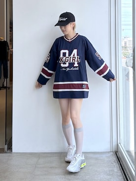 「X-girl（エックスガール）のHOCKEY SHIRT DRESS（ワンピース、ブルー系）」を使った、Emiruさん（レディース・165cm）の夏コーディネート
