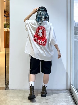 「X-girl（エックスガール）のFADED FACE LABEL EASY SHORTS（その他パンツ、ブラック系）」を使った、Emiruさん（レディース・165cm）の春コーディネート