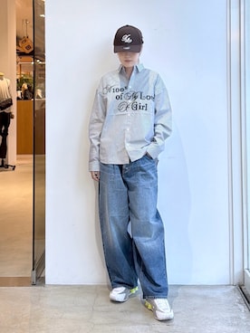 「Lee（リー）のX-girl x Lee TUCK WIDE DENIM PANTS（デニムパンツ、ブルー系）」を使った、Emiruさん（レディース・165cm）の夏コーディネート