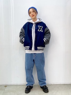 「XLARGE（エクストララージ）のアイテム（スタジャン）」を使った、小島えみるさん（レディース・165cm）の秋コーディネート
