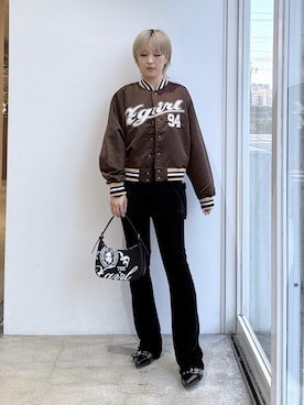 「X-girl（エックスガール）のLAYERED STYLE VELOUR PANTS（その他パンツ、ブラック系）」を使った、Emiruさん（レディース・165cm）の秋コーディネート