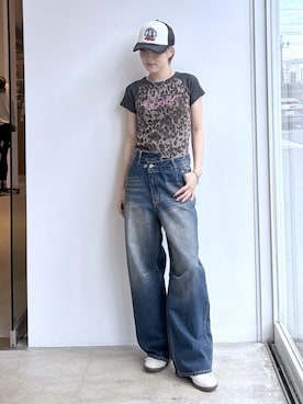 「X-girl（エックスガール）のEMBLEM POCKET ASYMMETRIC WAIST DENIM PANTS（デニムパンツ、ブルー系）」を使った、Emiruさん（レディース・165cm）の夏コーディネート