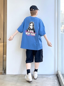 「X-girl（エックスガール）のFADED FACE LABEL EASY SHORTS（その他パンツ、ブラック系）」を使った、Emiruさん（レディース・165cm）の春コーディネート