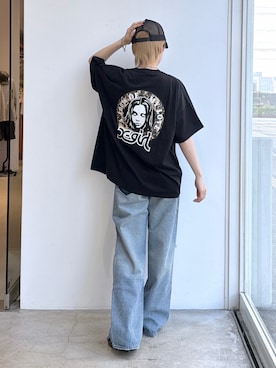 「X-girl（エックスガール）のWIDE LEG DENIM PANTS（デニムパンツ、ブルー系）」を使った、Emiruさん（レディース・165cm）の夏コーディネート