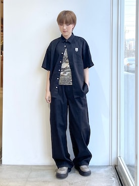 「X-girl（エックスガール）のFADED FACE LABEL S/S SHIRT（シャツ/ブラウス、ブラック系）」を使った、Emiruさん（レディース・165cm）の春コーディネート