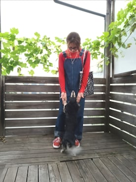 「GU（ジーユー）のアイテム（Tシャツ/カットソー、レッド系）」を使った、akayuki0220さん（レディース・162cm）の秋コーディネート