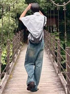 「soerte（ソエルテ）のWide Buggy Vintage Like Denim Pants / ワイドバギーヴィンテージライクデニムパンツ（デニムパンツ、ブルー系）」を使った、natsukiさん（メンズ・177cm）の秋コーディネート