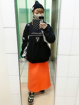 「ニコアンド」｜「アイテム（ニットキャップ/ビーニー）」を使った、稲妻アスリートさん（レディース・165cm）の冬コーディネート