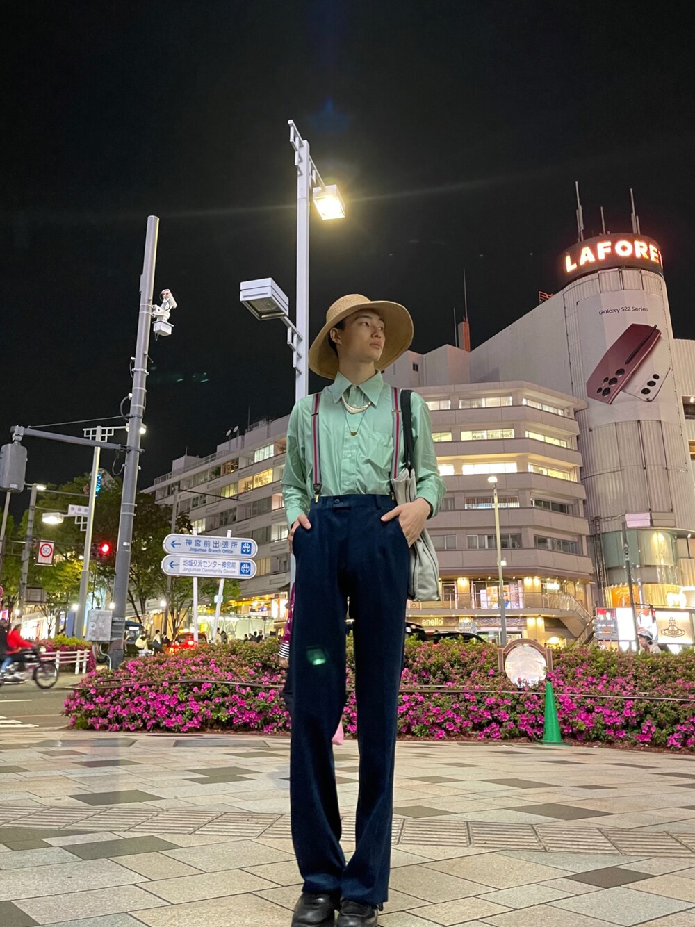 「vintage、70’s、ベロア、Dior、ハット、麦わら帽子、サスペンダー」｜「H&Mのアイテム（帽子、ベージュ系）」を使った、bun927bunさん（メンズ・180cm）の春コーディネートの1枚目の写真