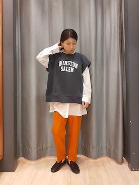 「アイテム（パンツ、オレンジ系）」を使った、miuracoさん（レディース・151cm）の春コーディネート