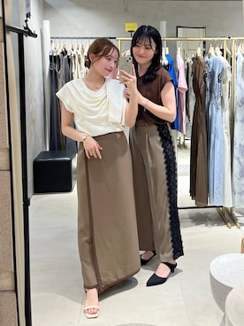 「Andemiu（アンデミュウ）のレースラインストレートパンツ/1017851（スラックス、ブラウン系）」を使った、andemiu_miyuさん（レディース・155cm）の夏コーディネート