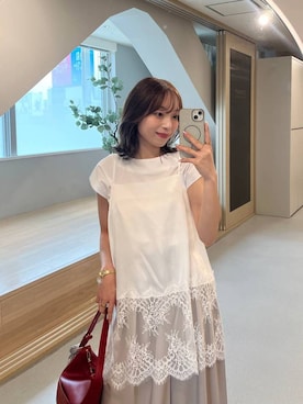 「Andemiu（アンデミュウ）のサテンレースキャミ（シャツ/ブラウス、ホワイト系）」を使った、andemiu_miyuさん（レディース・155cm）の夏コーディネート