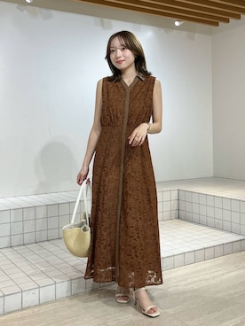 「Andemiu（アンデミュウ）のレースシャツワンピース1032178（ワンピース、ブラウン系）」を使った、andemiu_miyuさん（レディース・155cm）の夏コーディネート