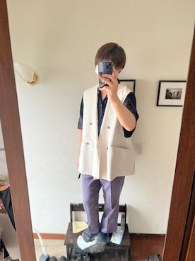 「アイテム（ノーカラージャケット、ホワイト系）」を使った、shou313さん（メンズ・174cm）の夏コーディネート