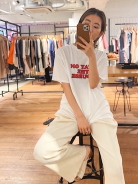 「Ungrid（アングリッド）のロゴ発砲プリントTee（Tシャツ/カットソー）」を使った、suyako ogawaさん（レディース・155cm）の春コーディネート