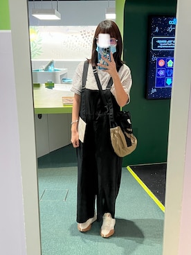 「forksy.（フォルクシー）の【forksy.】半袖配色リブオーバーサイズボーダーカットソー/マルチボーダー（Tシャツ/カットソー、ブラウン系）」を使った、🆂🆄🅼さん（レディース・160cm）の秋コーディネート