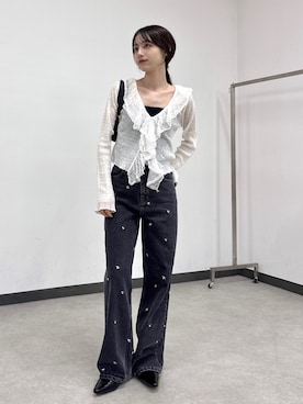 「CAPRICIEUX LE'MAGE（カプリシューレマージュ）の【低身長サイズあり】小花刺繍デニム（デニムパンツ、ブラック系）」を使った、kon_lemageさん（レディース・158cm）の夏コーディネート