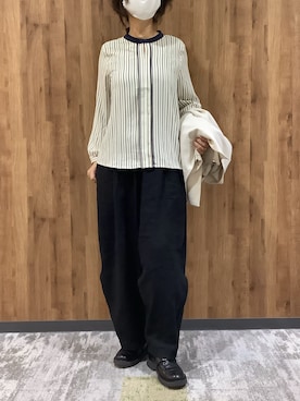 「TOKYO SHIRTS（トウキョウシャツ）のジョーゼット キーネック ブラウス 長袖 レディースデザインシャツ（シャツ/ブラウス、ベージュ系）」を使った、SHIRTS PLAZA 札幌マルヤマクラス店さん（レディース・150cm）の秋コーディネート