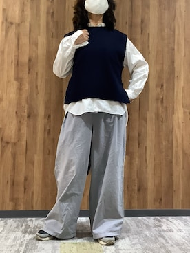 「TOKYO SHIRTS（トウキョウシャツ）のニット ミラノリブ サイドタブ付き ベスト レディース（ベスト、ブルー系）」を使った、SHIRTS PLAZA 札幌マルヤマクラス店さん（レディース・150cm）の秋コーディネート