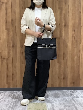 「TOKYO SHIRTS（トウキョウシャツ）のカラミ織 ジャケット 七分袖（テーラードジャケット、ベージュ系）」を使った、SHIRTS PLAZA 札幌マルヤマクラス店さん（レディース・162cm）の春コーディネート