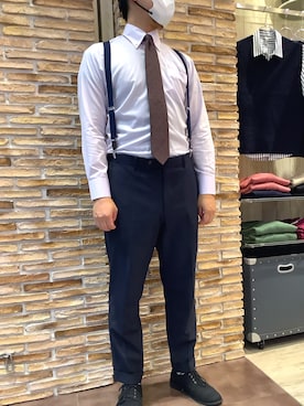 「TOKYO SHIRTS（トウキョウシャツ）のストライプ 前身カットラペル　ニットジ（ベスト）」を使った、BRICK HOUSE by Tokyo Shirts 福津イオンモール店さん（メンズ・169cm）の秋コーディネート