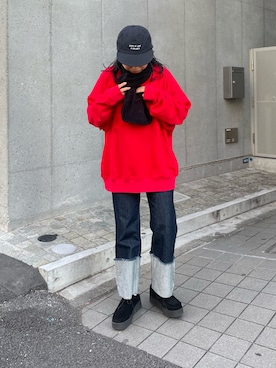 「マフラーコーデ」｜「アイテム（デニムパンツ）」を使った、LEIさん（レディース・156cm）の冬コーディネート