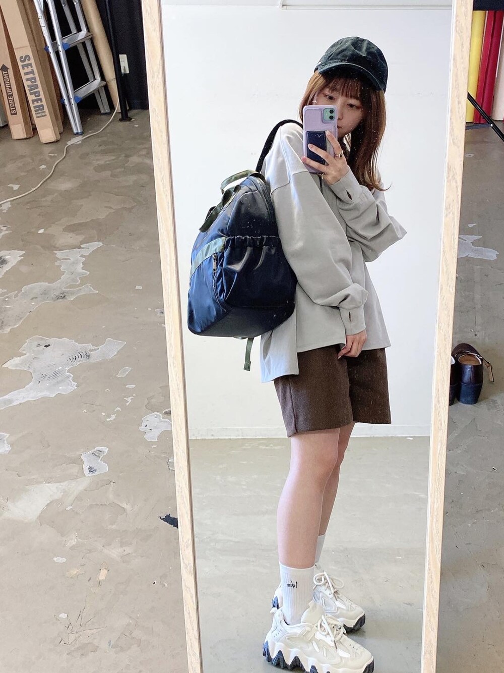「きれいめカジュアル、韓国ファッション、ダッドスニーカー、カジュアルガーリー、低身長コーデ、148cm」｜「idemのidem anytime rucksack/ナイロンデイリーリュック（バックパック/リュック、ブラック系）」を使った、りつさん（レディース・148cm）の秋コーディネートの1枚目の写真