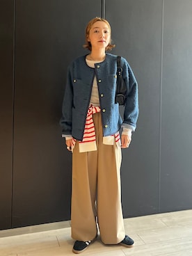 「アイテム（ノーカラージャケット）」を使った、阿部さん（レディース・165cm）の秋コーディネート