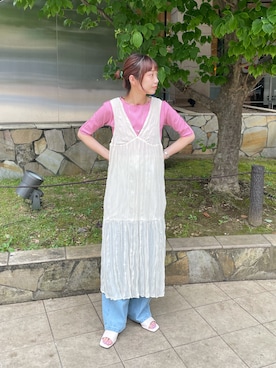 「Kastane（カスタネ）のテレコボーダー5分袖Tee（Tシャツ/カットソー）」を使った、asai hikariさん（レディース・157cm）の夏コーディネート