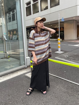 「WHIMSIC（ウィムジック）の【WHIMSIC】マルチボーダーニットポロシャツ（ポロシャツ、ブラウン系）」を使った、asai hikariさん（レディース・157cm）の夏コーディネート